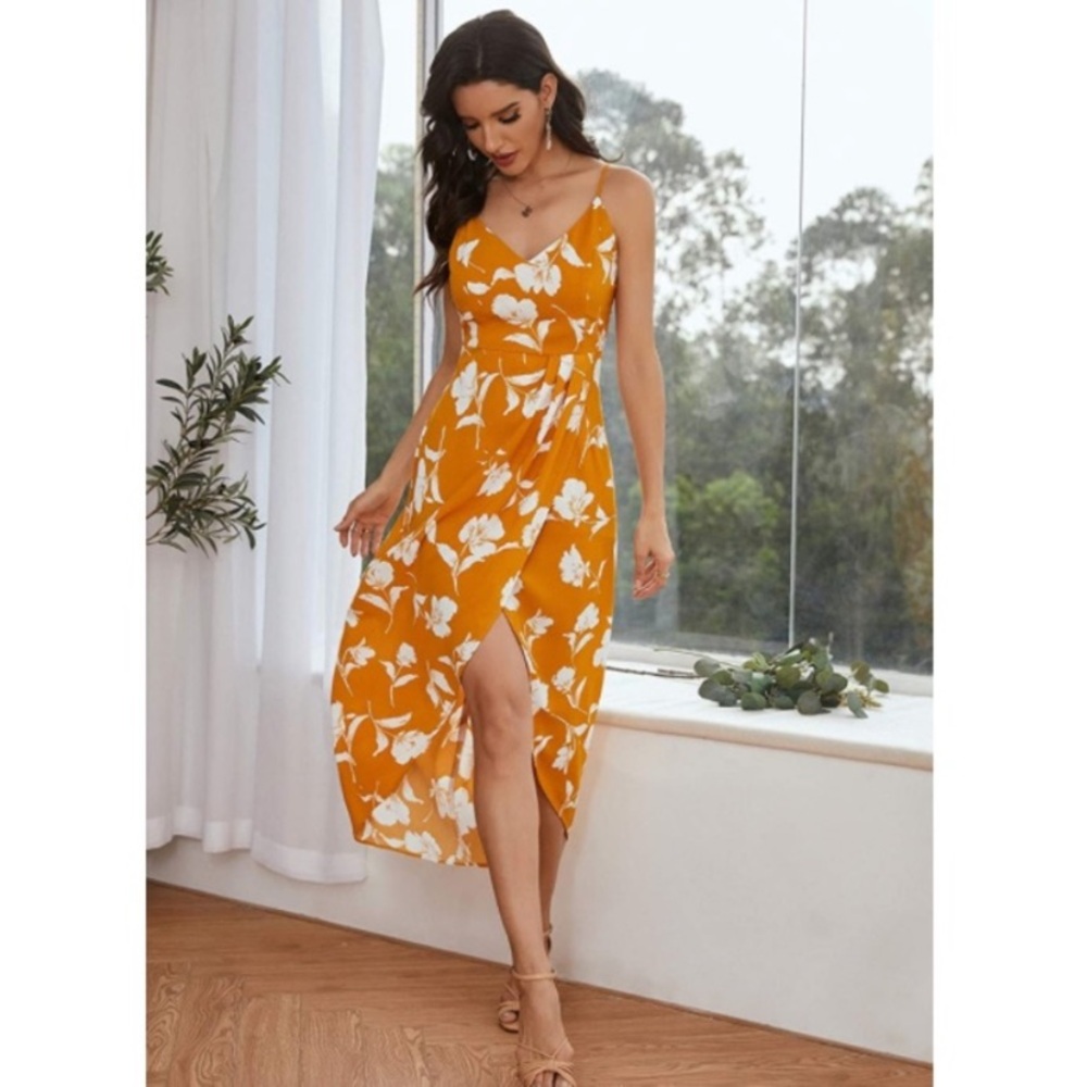 Elegant High-Low Floral Dress in Orange